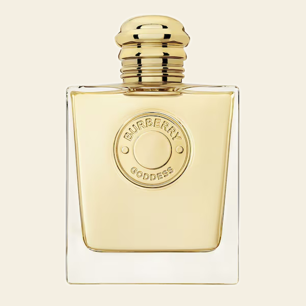 Flacon de parfum Goddess par Burberry sur fond ivoire