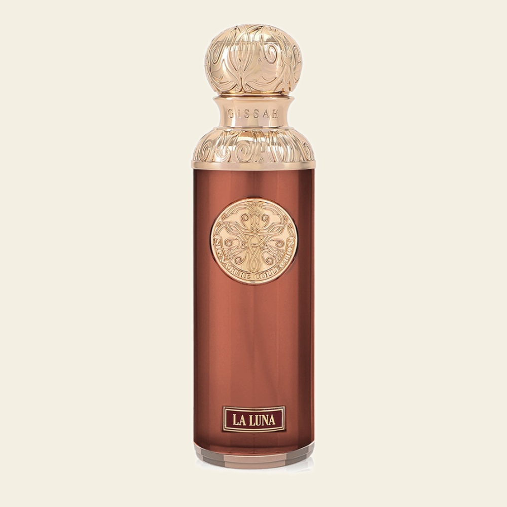 Flacon de parfum La Luna Valley par Gissah sur fond ivoire