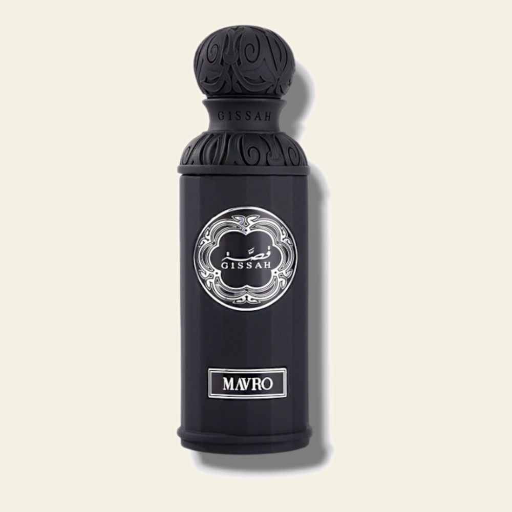 Flacon de parfum Mavro par Gissah sur fond ivoire