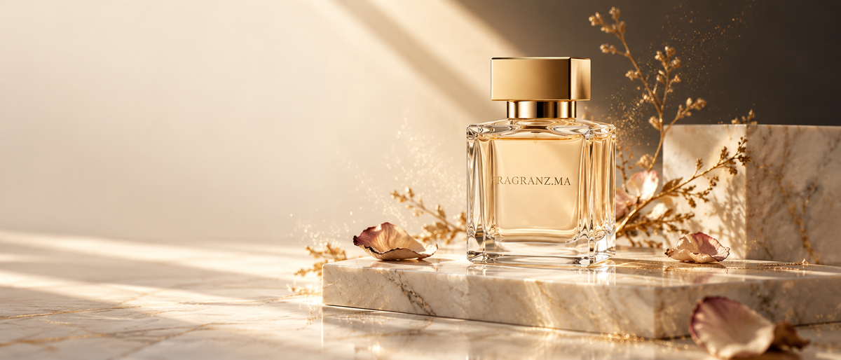 Flacon de parfum signature Fragranz sur fond ivoire, image d'en-tête de la page d'accueil