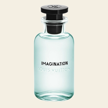 Flacon de parfum Imagination par Louis Vuitton sur fond ivoire