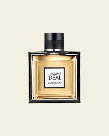 Flacon de parfum L'Homme Idéal par Guerlain sur fond ivoire