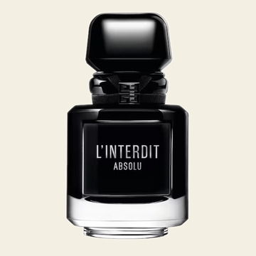 Flacon de parfum L'Interdit Absolu par Givenchy sur fond ivoire