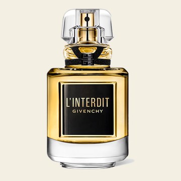 Flacon de parfum L'Interdit Le Parfum par Givenchy sur fond ivoire