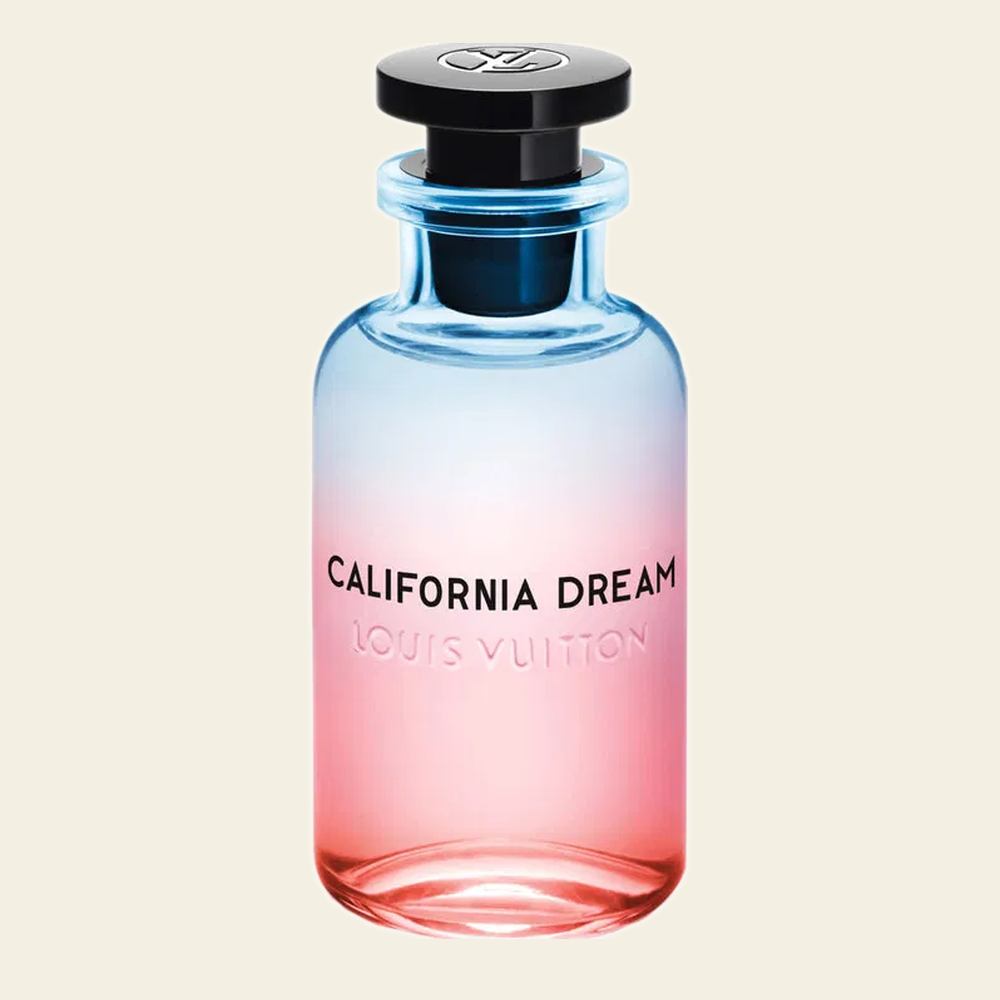 Flacon de parfum California Dream par Louis Vuitton sur fond ivoire