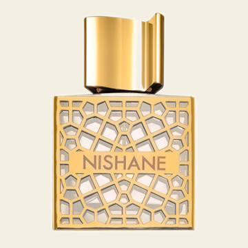 Flacon de parfum Hacivat OUD par Nishane sur fond ivoire