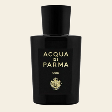 Flacon de parfum OUD par Acqua di Parma sur fond ivoire