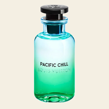Flacon de parfum Pacific Chill par Louis Vuitton sur fond ivoire