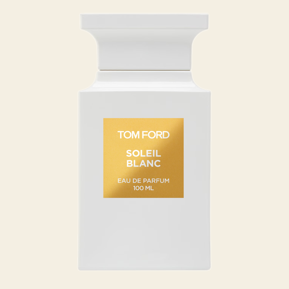 Flacon de parfum Soleil Blanc par Tom Ford sur fond ivoire