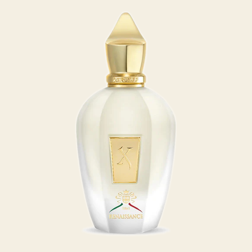 Flacon de parfum Renaissance par Xerjoff sur fond ivoire